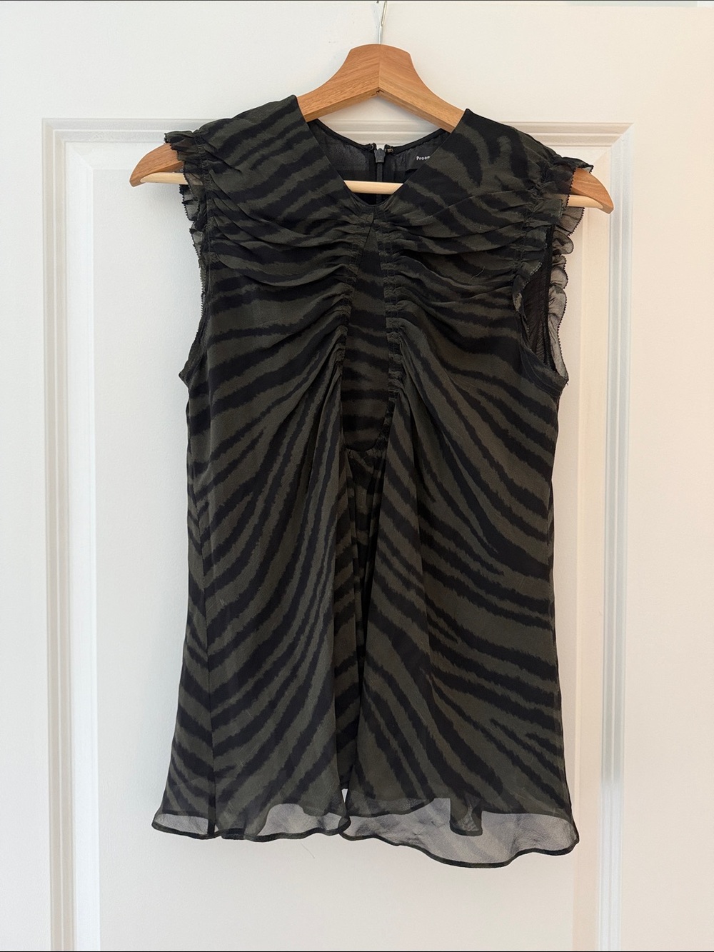 Proenza Schouler Black and Olive Zebra-Print Sleeveless Chiffon Blouse